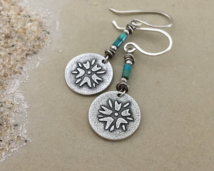 Boho southwestern flower earrings in oxidized sterling silver with turquoise beads