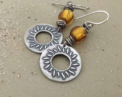 Summer sun earrings in oxidized sterling silver with gold foil glass bead