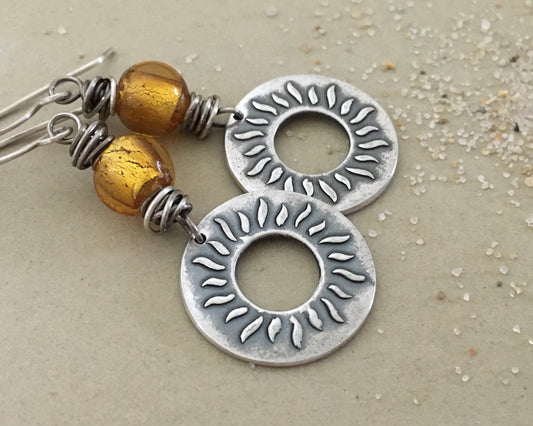 Summer sun earrings in oxidized sterling silver with gold foil glass bead