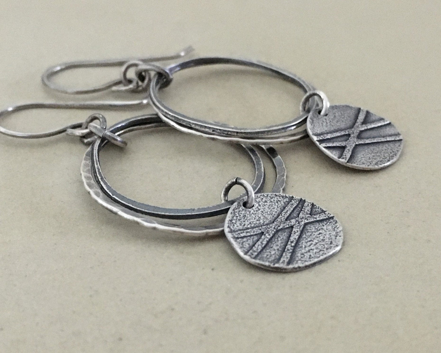 Organic textured hoop earrings with rustic charm in oxidized sterling silver