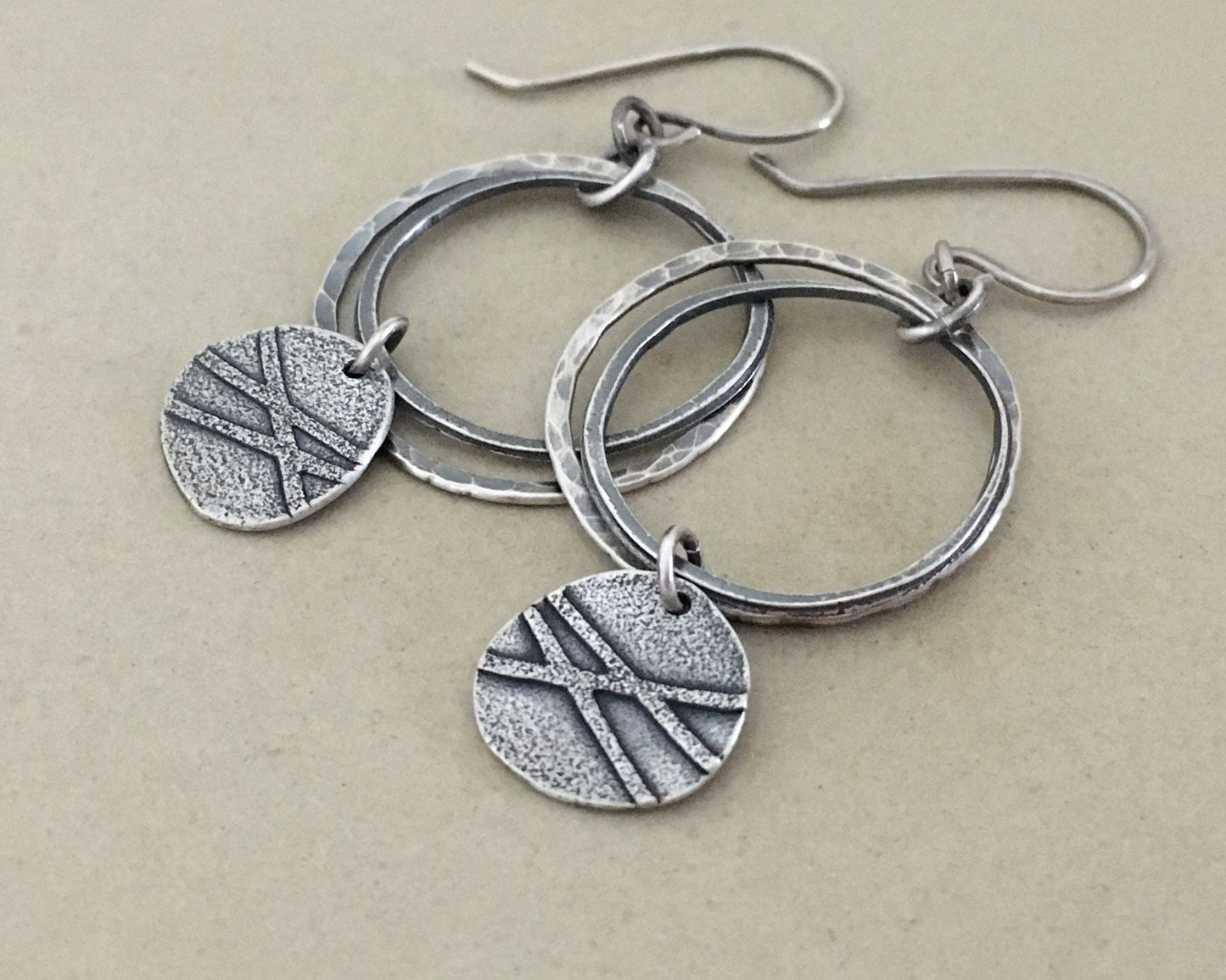 Organic textured hoop earrings with rustic charm in oxidized sterling silver