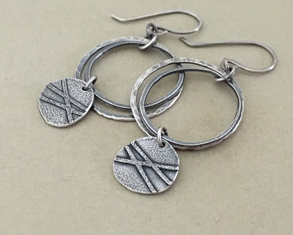 Organic textured hoop earrings with rustic charm in oxidized sterling silver