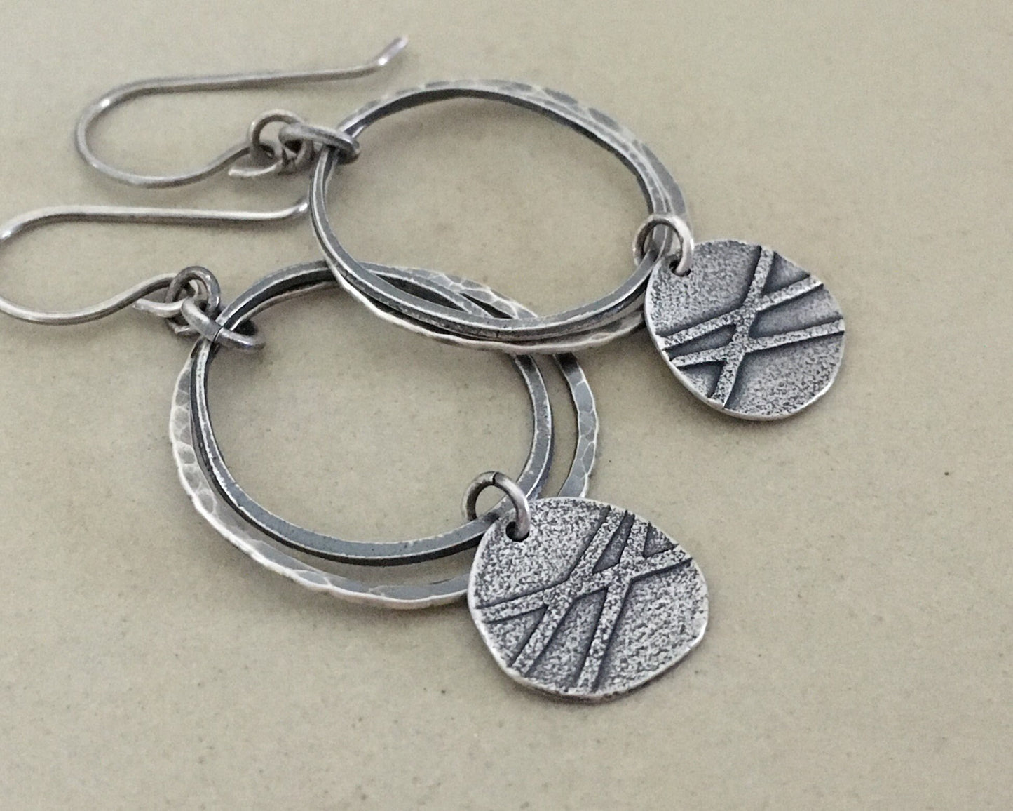 Organic textured hoop earrings with rustic charm in oxidized sterling silver