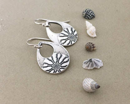 Silver mandala teardrop earrings from vintage button