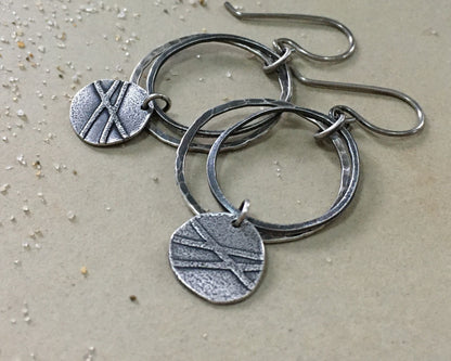 Organic textured hoop earrings with rustic charm in oxidized sterling silver