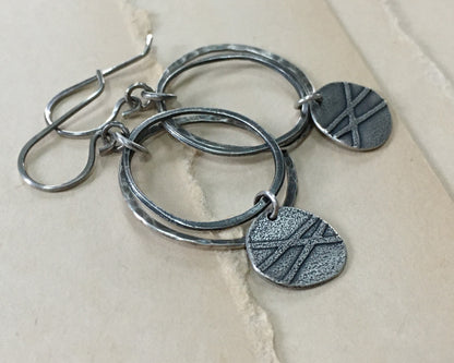 Organic textured hoop earrings with rustic charm in oxidized sterling silver