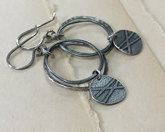 Organic textured hoop earrings with rustic charm in oxidized sterling silver