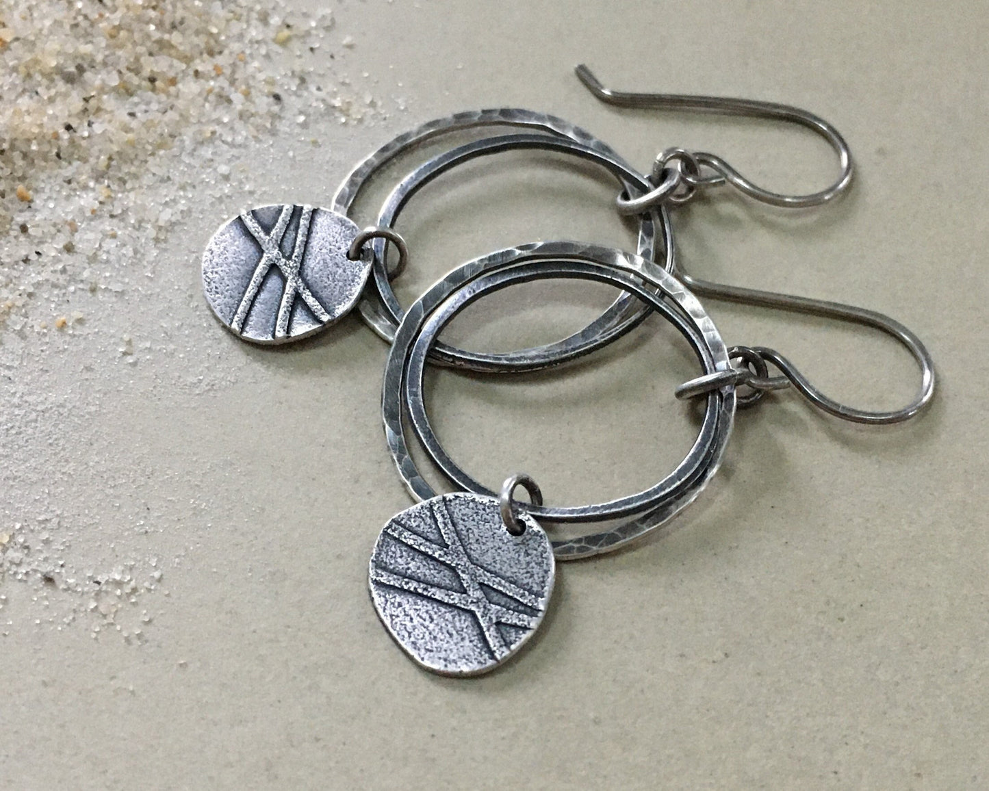 Organic textured hoop earrings with rustic charm in oxidized sterling silver