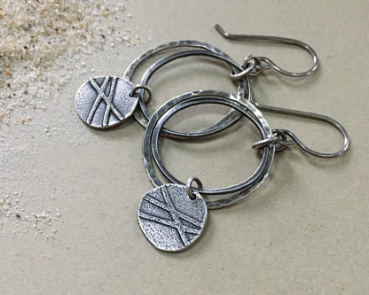 Organic textured hoop earrings with rustic charm in oxidized sterling silver