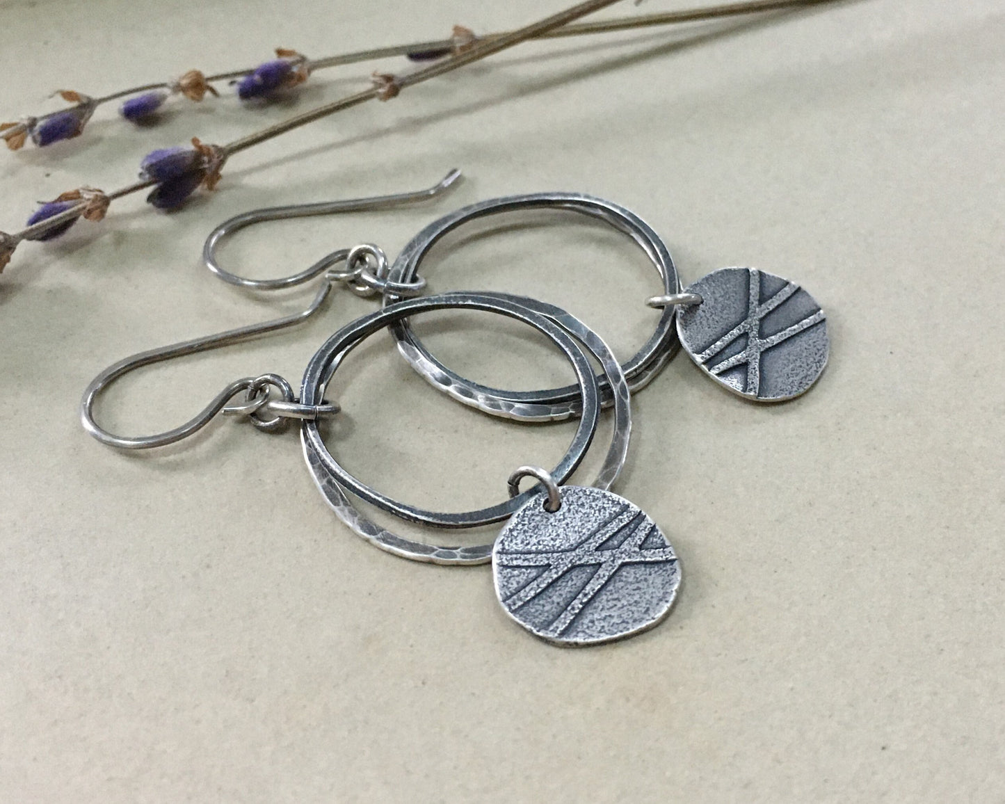 Organic textured hoop earrings with rustic charm in oxidized sterling silver
