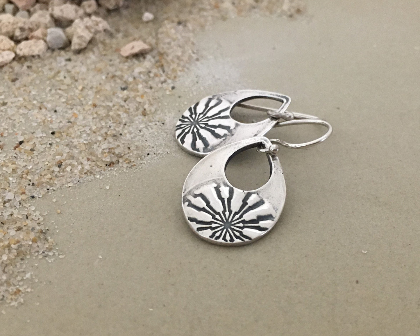 Silver mandala teardrop earrings from vintage button
