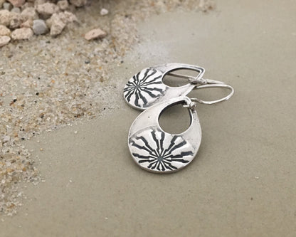 Silver mandala teardrop earrings from vintage button