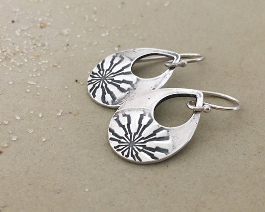 Silver mandala teardrop earrings from vintage button