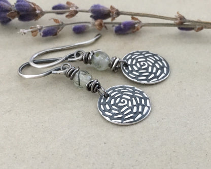 Petite floral silver earrings with prehnite