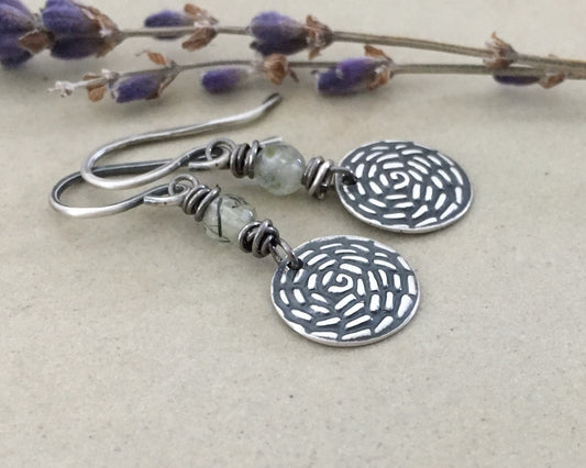 Petite floral silver earrings with prehnite