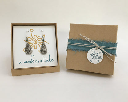 Lone pine tree earrings - long dangle with hoop in oxidized silver