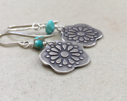 Southwestern style silver & turquoise floral earrings