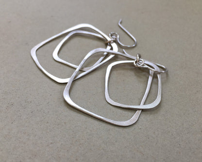 Silver double rectangle hoops in brushed satin finish