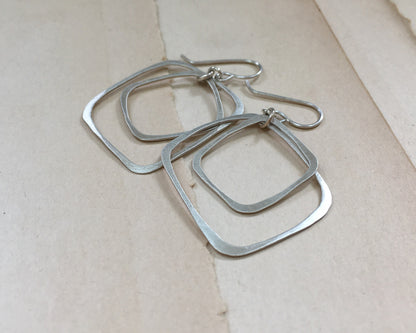 Silver double rectangle hoops in brushed satin finish
