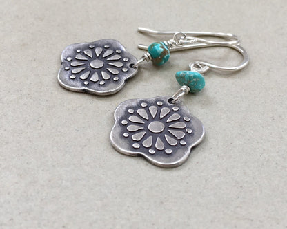 Southwestern style silver & turquoise floral earrings