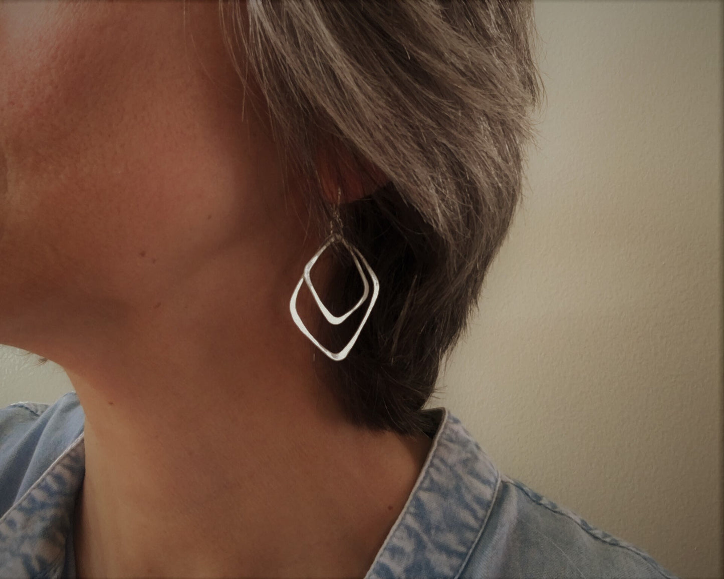 Silver double rectangle hoops in brushed satin finish