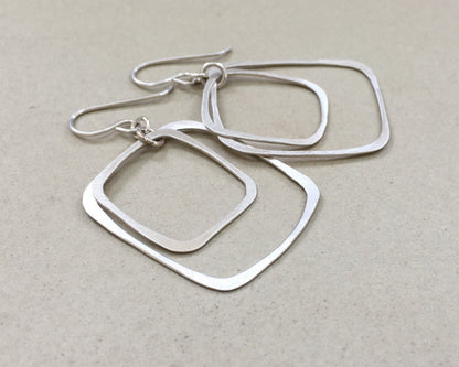 Silver double rectangle hoops in brushed satin finish
