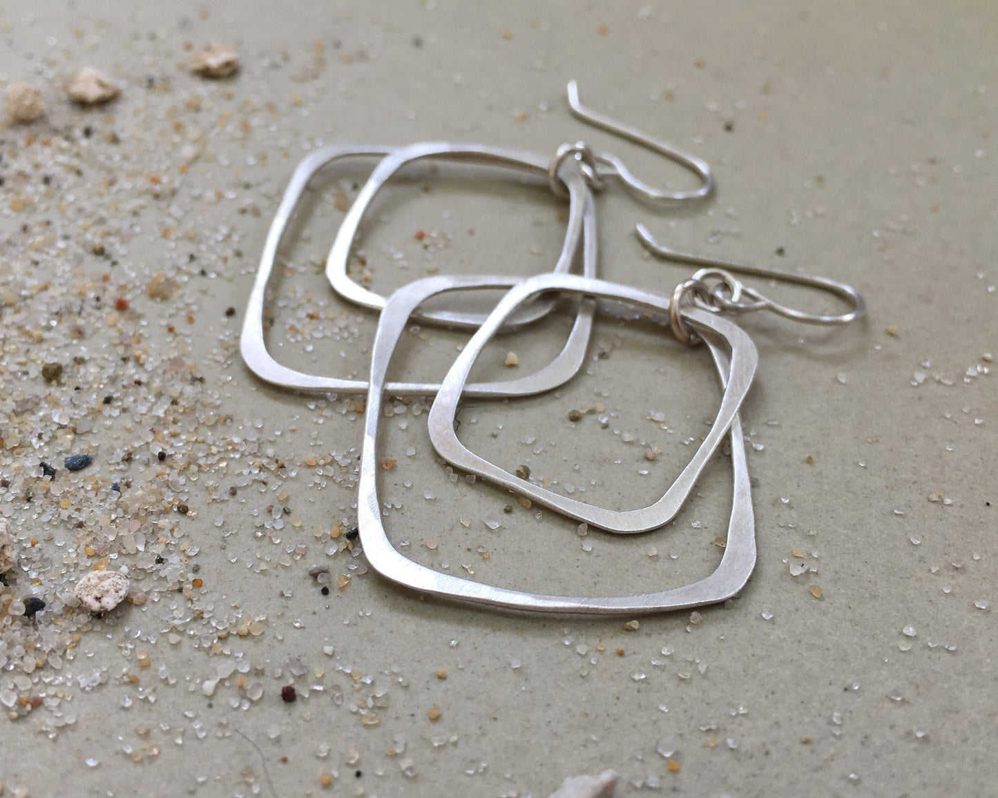 Silver double rectangle hoops in brushed satin finish