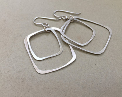 Silver double rectangle hoops in brushed satin finish