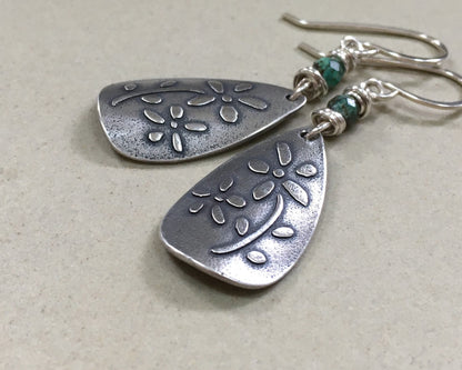 Bohemian flower earrings in oxidized sterling silver with African turquoise
