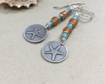 Silver starfish earrings with blue & yellow bead stack