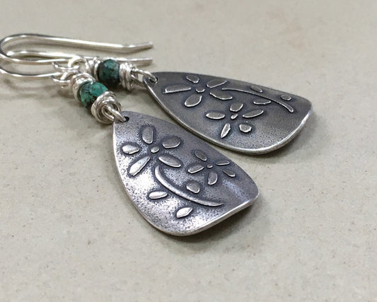 Bohemian flower earrings in oxidized sterling silver with African turquoise
