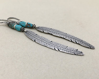 Rustic boho silver feather earrings with turquoise