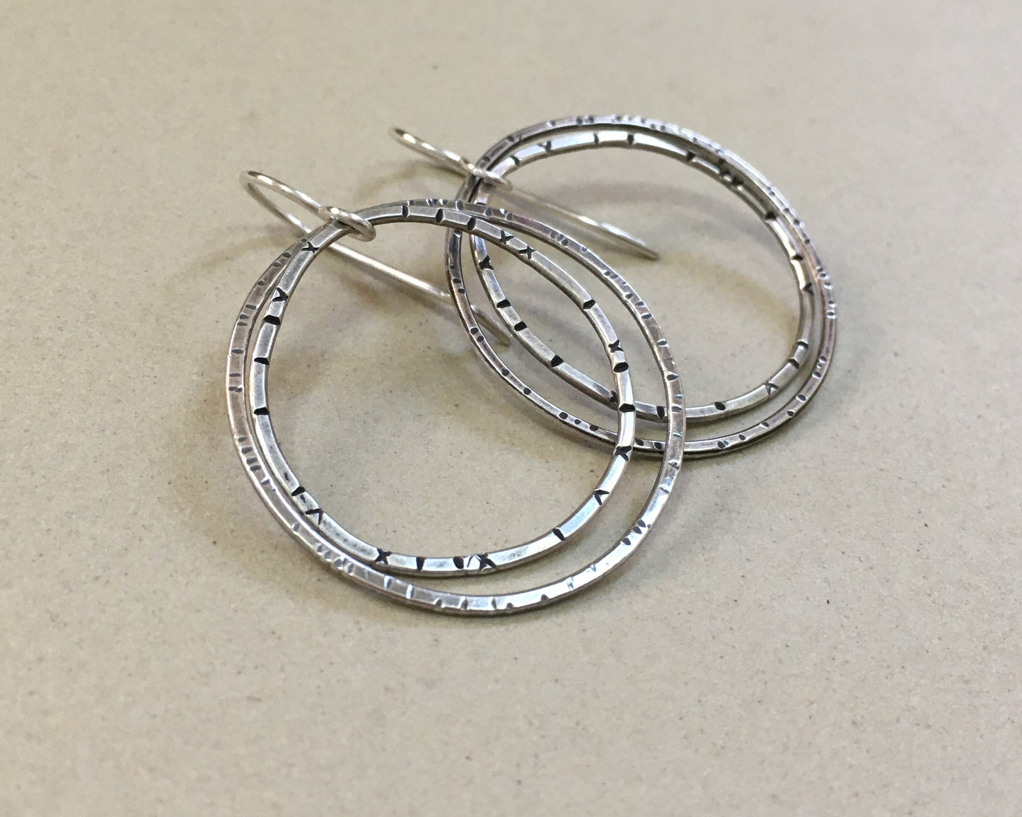 Double Irregular textured hoops in oxidized sterling silver