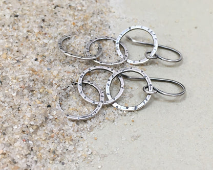 Triple linked textured hoops in oxidized sterling silver