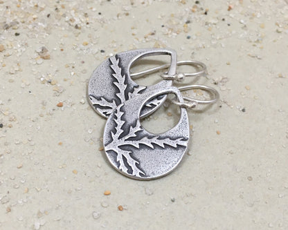 Botanical evergreen design on silver teardrop earrings