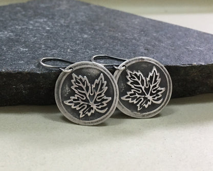 Maple leaf earrings in oxidized sterling silver - cast from vintage button