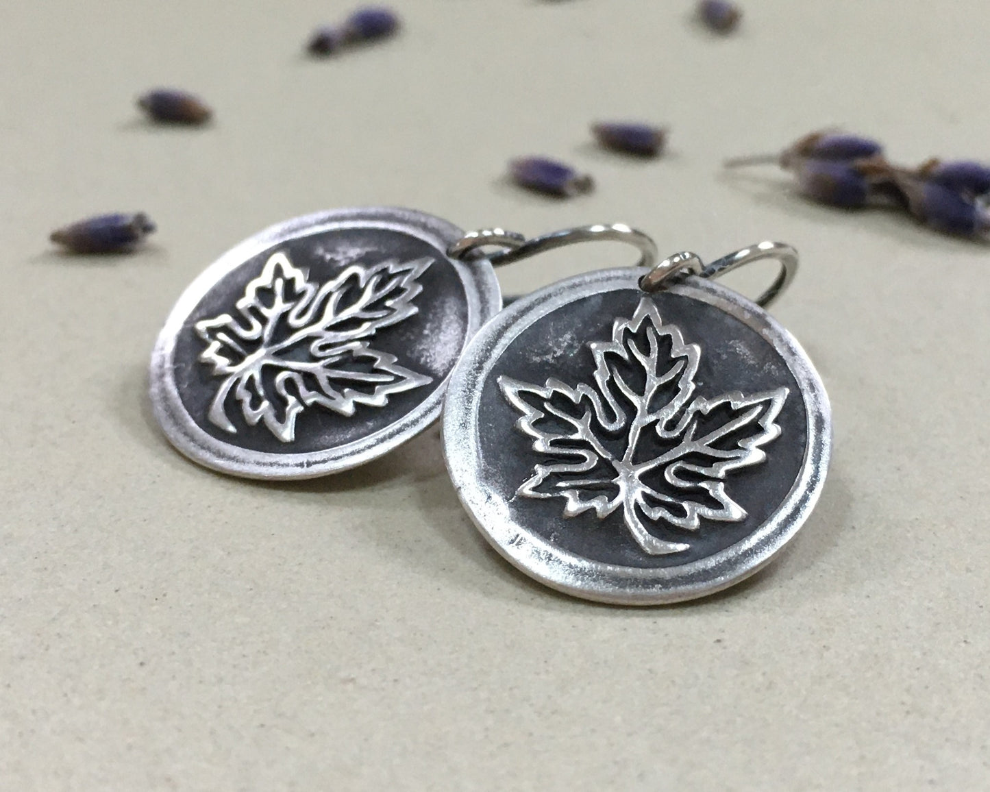 Maple leaf earrings in oxidized sterling silver - cast from vintage button