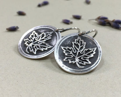 Maple leaf earrings in oxidized sterling silver - cast from vintage button