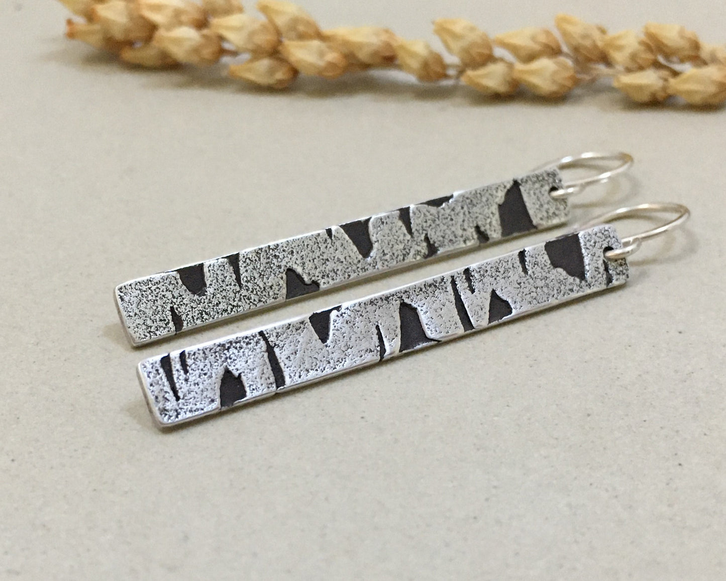 Birch bark earrings in oxidized sterling silver