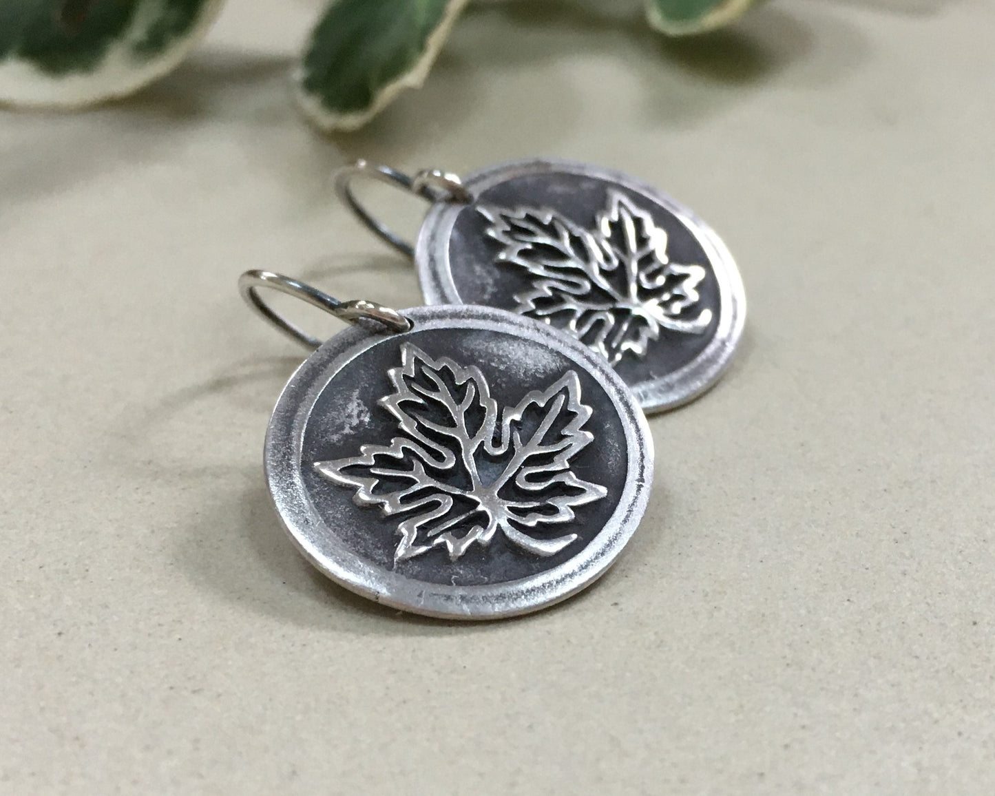 Maple leaf earrings in oxidized sterling silver - cast from vintage button