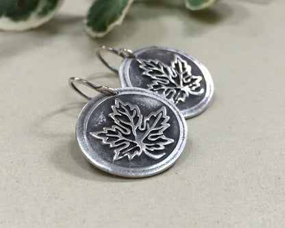 Maple leaf earrings in oxidized sterling silver - cast from vintage button