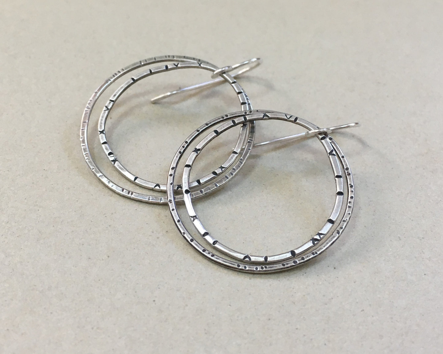 Double Irregular textured hoops in oxidized sterling silver