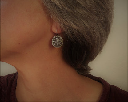 Maple leaf earrings in oxidized sterling silver - cast from vintage button