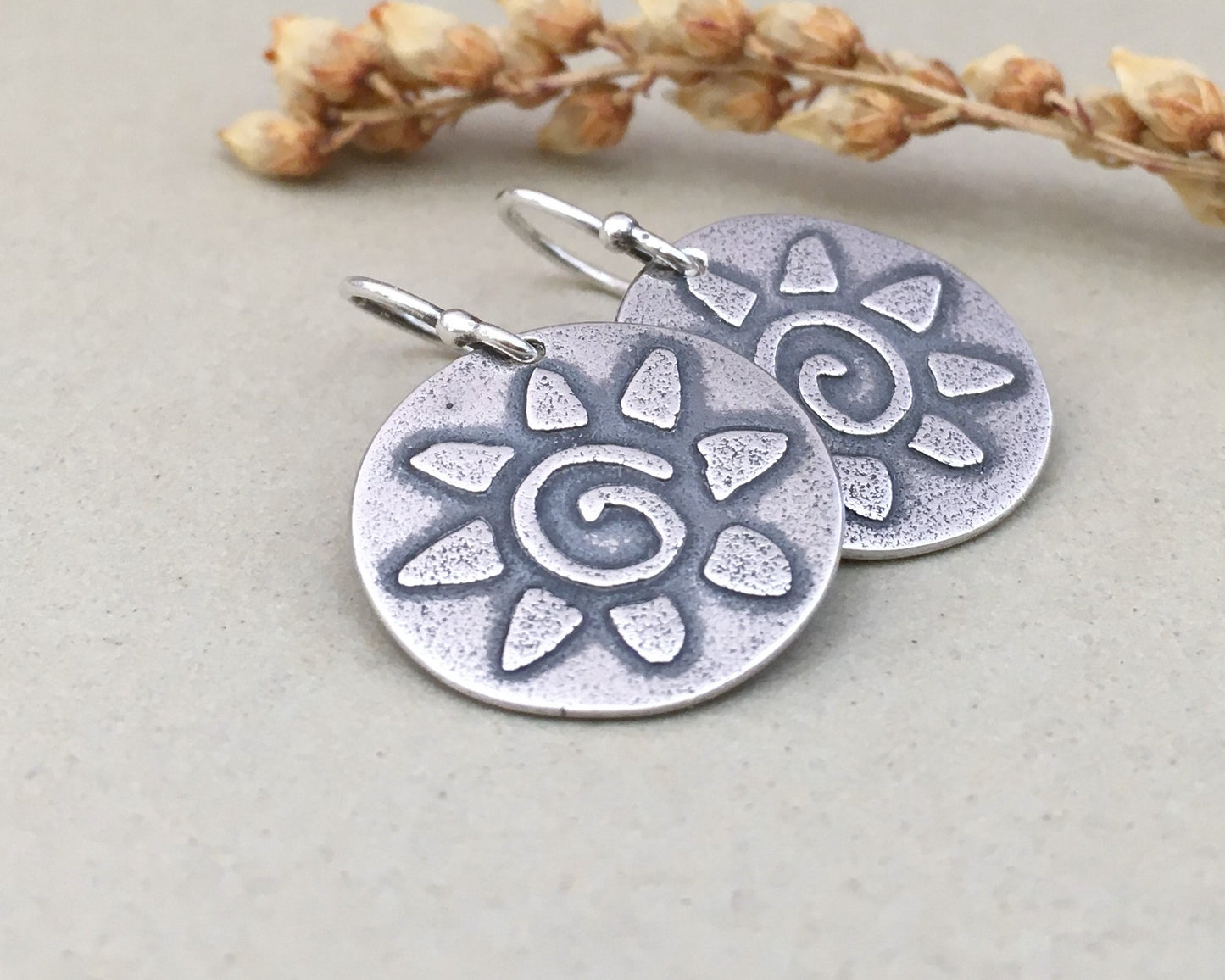 Primitive sun earrings in oxidized sterling silver