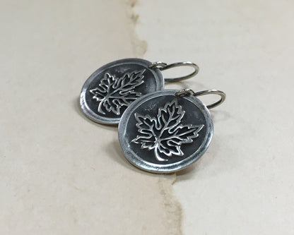 Maple leaf earrings in oxidized sterling silver - cast from vintage button