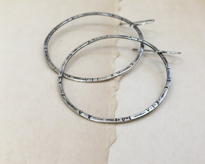 Large textured hoops in oxidized sterling silver