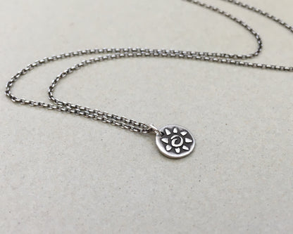 Tiny tribal style sun necklace in oxidized sterling silver