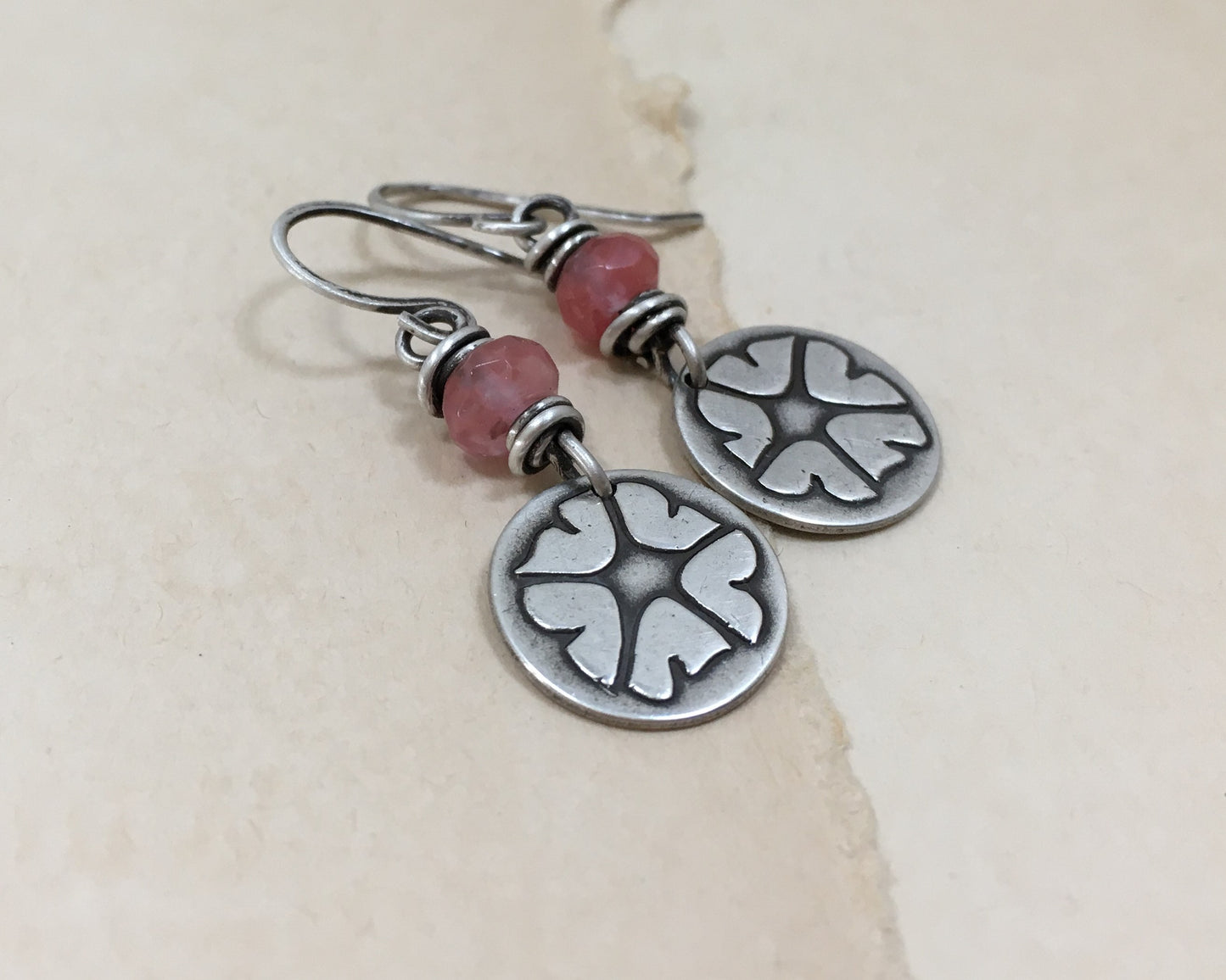 Pink petunia earrings in sterling silver with cherry quartz