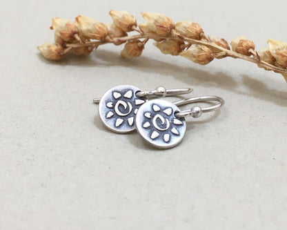 Tiny primitive sun earrings in oxidized sterling silver