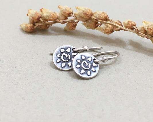 Tiny primitive sun earrings in oxidized sterling silver